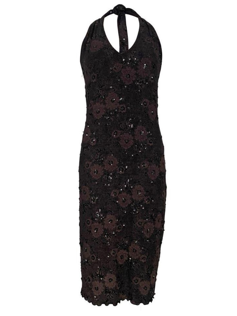 2000s brown and black floral embellished slinky halter midi dress
